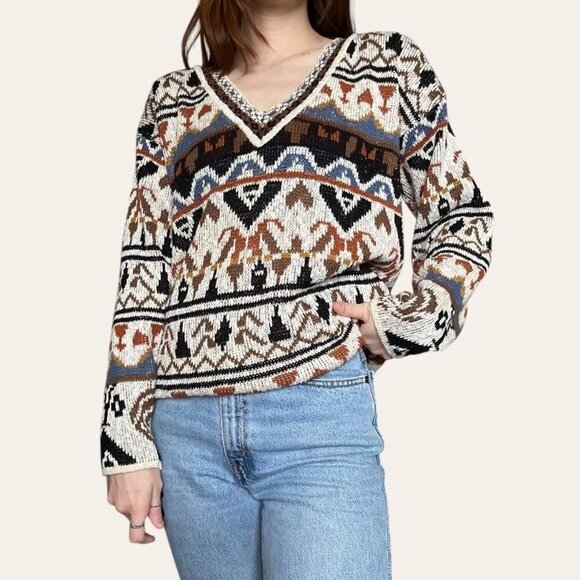 90s vintage multi-patterned neutral knit sweater Croquet Club - Medium - Picture 1 of 7
